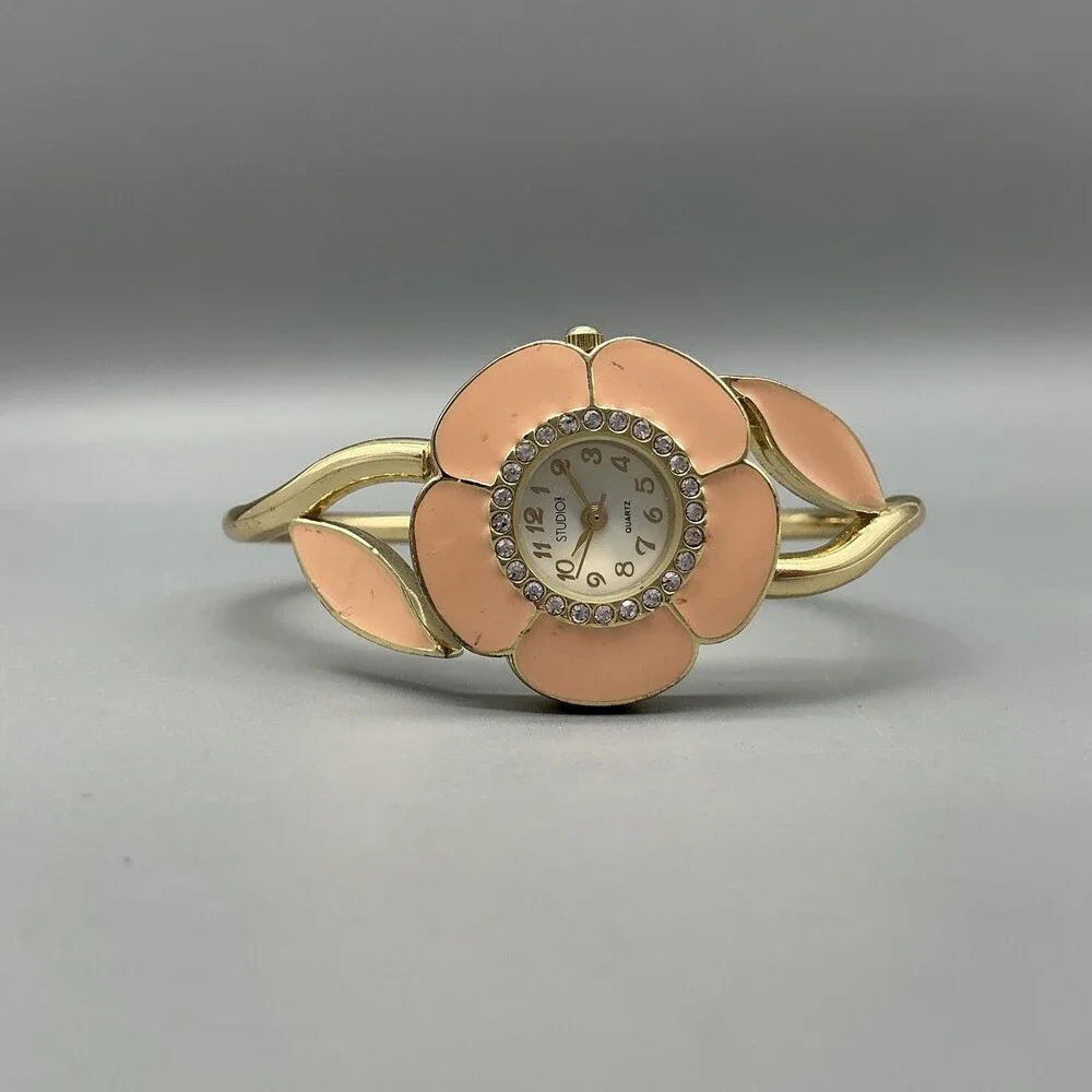 Studio Time Womens Watch 29mm Pink Flower Crystals Hinged Bangle New Batt